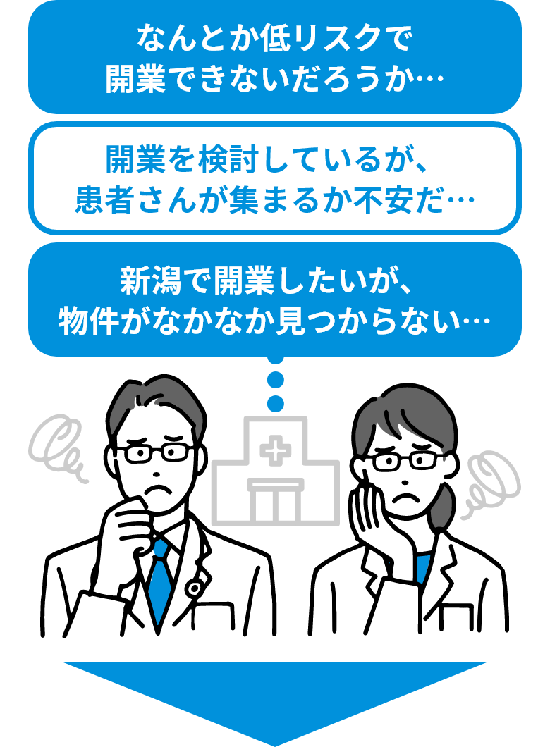 なんとか低リスクで開業できないだろうか…、開業を検討しているが、患者さんが集まるか不安だ…、新潟で開業したいが、物件がなかなか見つからない…
